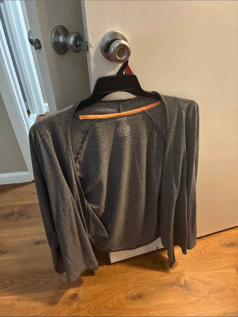 Danskin Now Charcoal Gray Open-Front Cardigan with Orange Trim